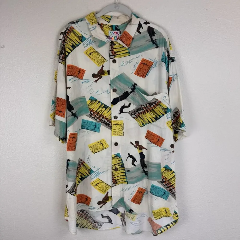 Vintage Jams World Button Down Shirt Waikiki Sports Surfing Hawaiian Beach XL